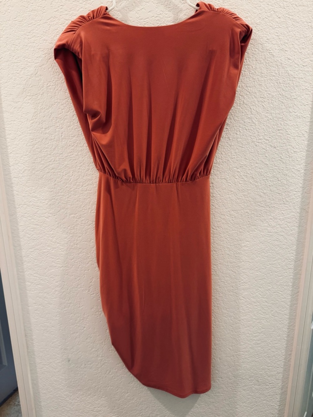Express One-Shoulder Rust Orange Ruched Wrap Dress - Picture 2 of 3